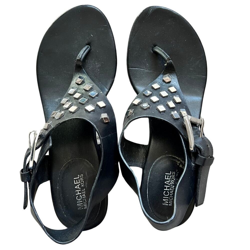 Michael Kors Black Studded Valencia Thong Block Low Block Heel Sandals Size 5.5